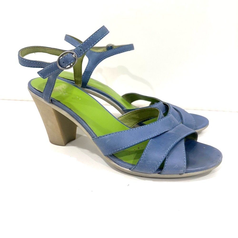 Camper Blue Open Toe Ankle Strap Cross Strap Sandals Heels 37 7